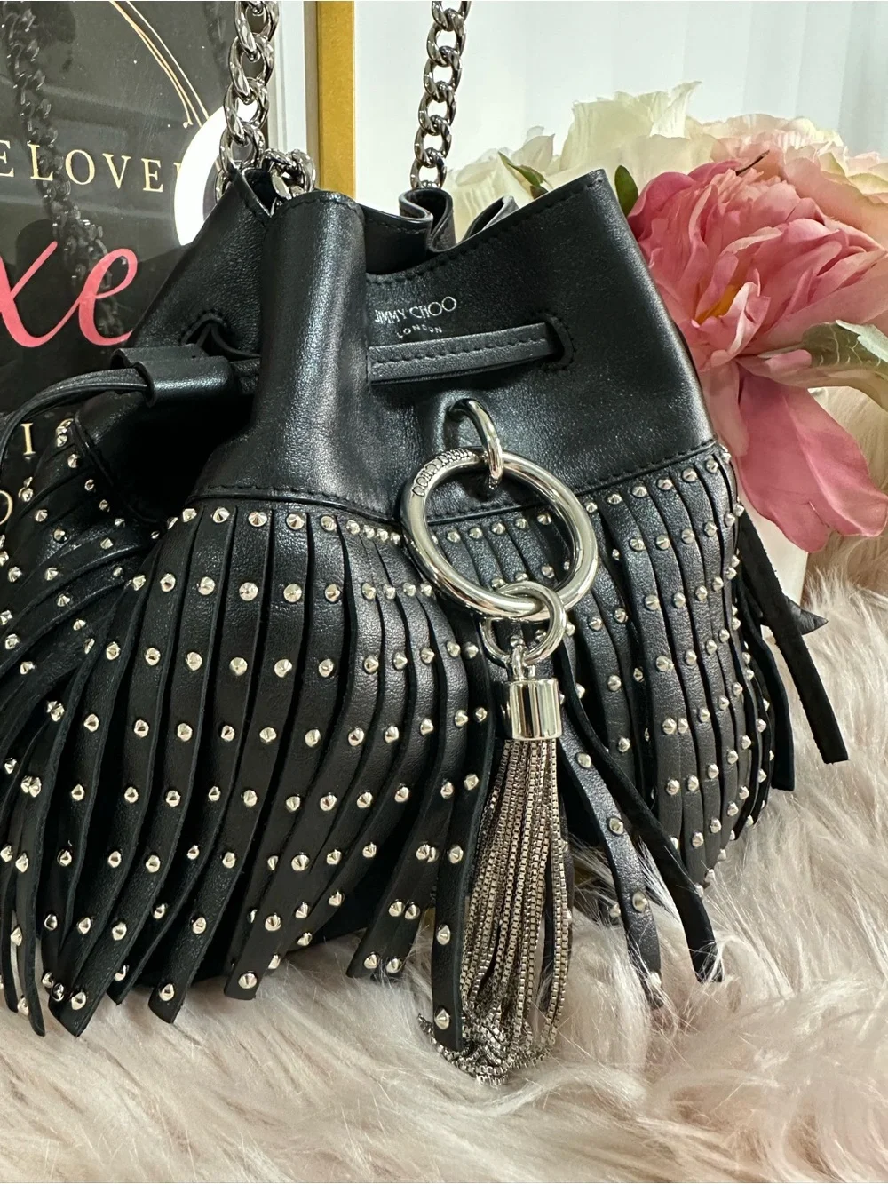 AuthenticJimmy Choo Black Leather Callie Fringe Studded Mini Bucket Crossbody